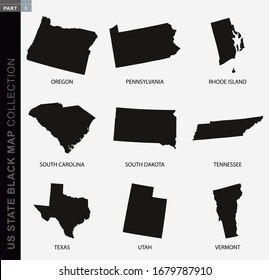 Black map collection of USA states, black contour maps. US state map collection Part 5.