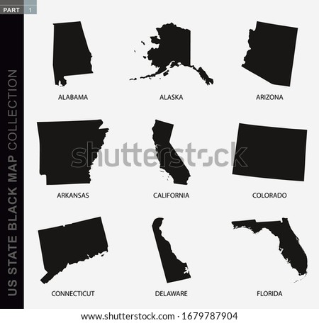 Black map collection of USA states, black contour maps. US state map collection Part 1.