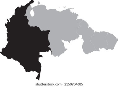 Schwarze Karte Kolumbiens auf der grauen Karte der nördlichen Region Südamerikas