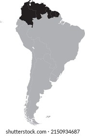 Black Map of the countries of the northern region of South America within the gray map of the South American continent