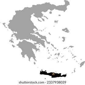 Black map of Crete Island with burning flame within the gray map of Greece svg