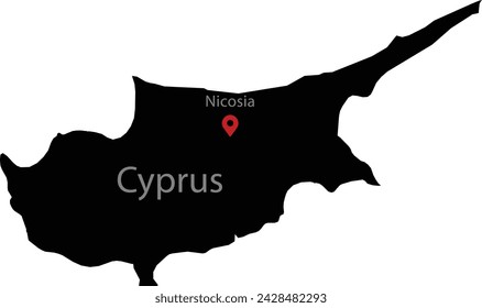 Black Map of Cyprus with location marker of the capital and inscription of the name of the country and the capital inside map