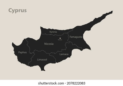 Black map of Cyprus with names of regions, design blackboard vector