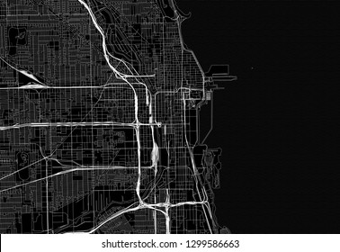 Black map of downtown Chicago, U.S.A. This vector artmap is created as a decorative background or a unique travel sign.