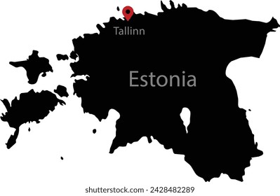 Mapa negro de Estonia con marcador de ubicación de la capital e inscripción del nombre del país y la capital dentro del mapa