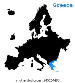 Black map of Europe continent with blue color country Greece. cartography concept, silhouette graphic design, vector art image illustration, isolated on white background, eps10