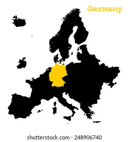 Black map of Europe continent with yellow color country Germany. cartography concept, silhouette graphic design, vector art image illustration, isolated on white background