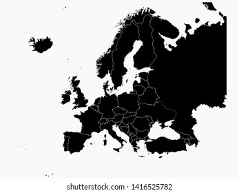 Black Map of Europe With Countries on White Background