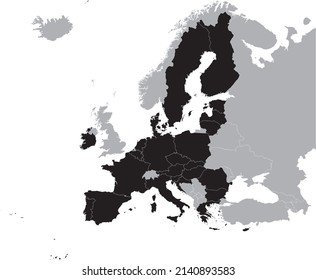 Black Map of European Union countries within the gray map of European continent