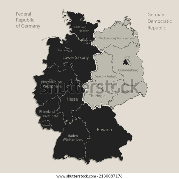 Black map of Germany\
map divided on West and East Germany with names of regions, design\
blackboard vector