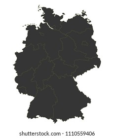 Black map of germany on a white background with borders of lands, regions