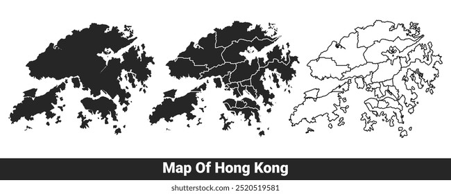 Mapa negro de Hong Kong plano y esquema de estilo conjunto de Ilustración vectorial