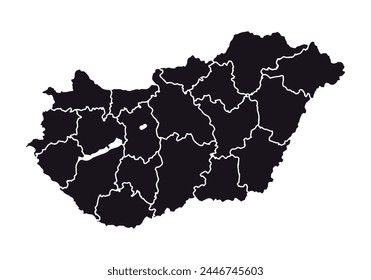 Schwarze Karte von Ungarn auf weißem Hintergrund.