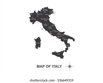 Black map of Italy with names and map pointer on white background