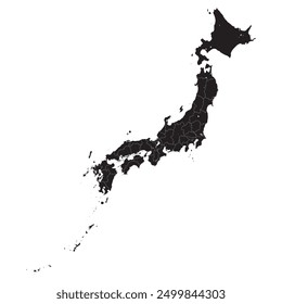 Black map of Japan with its administrative division on 47 prefectures isolated on white background. Vector illustration 