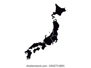 Mapa negro de Japón sobre fondo blanco