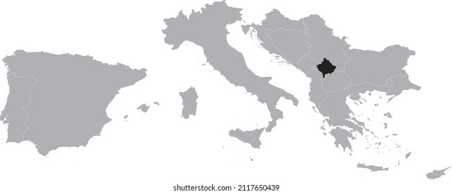 Black Map of Kosovo within the gray map of South Europe