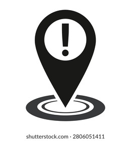 A black map location pin icon featuring an exclamation mark inside, representing a warning, alert, danger, or hazardous area location on a digital navigation map.