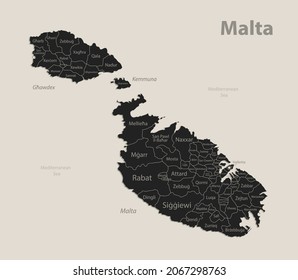 Mapa negro de Malta con nombres de regiones, vectores de pizarra de diseño