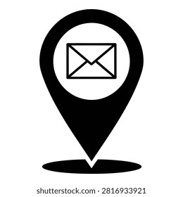 Black map marker icon containing an envelope symbol representing location email address contact information or postal service at specific coordinate point