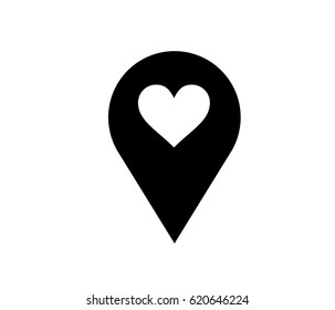 Black map marker icon with heart