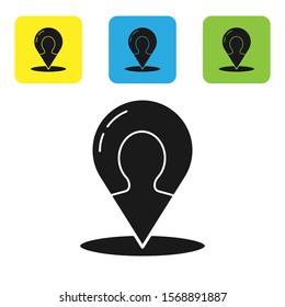 Black Map marker with a silhouette of a person icon isolated on white background. GPS location symbol. Set icons colorful square buttons. Vector Illustration