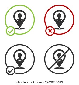 Black Map marker with a silhouette of a person icon isolated on white background. GPS location symbol. Circle button. Vector