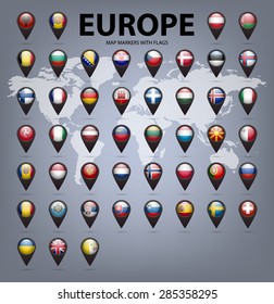 Black map markers with flags - Europe. Original colors. 