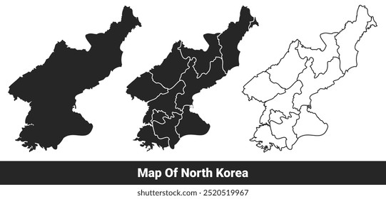 Mapa preto da Coreia do Norte plano e esboço estilo vetor ilustração conjunto