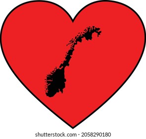 Black map of Norway inside red heart shape with black stroke