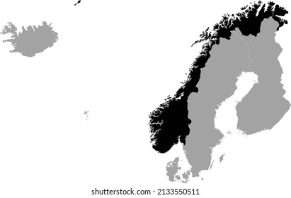 Black Map of Norway within the gray map of Northern Europe - Nordic countries