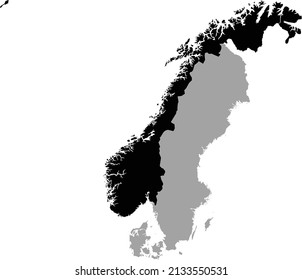 Black Map of Norway within the gray map of Scandinavian peninsula countries