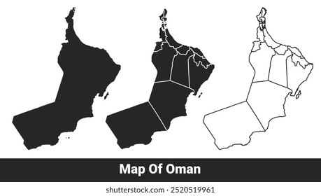 Black map of Oman flat and outline style vector illustration set