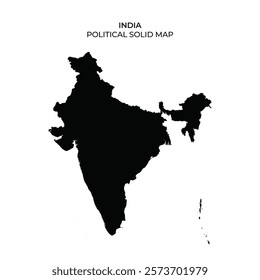 The black map outlines the political divisions of India, highlighting its shape without any labels or additional details. This representation focuses solely on the countrys silhouette.