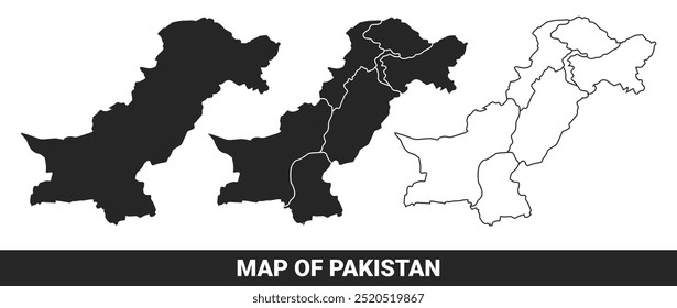 Mapa negro de Pakistán plano y esquema de estilo conjunto de Ilustración vectorial