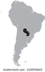Black Map of Paraguay within the gray map of South American continent