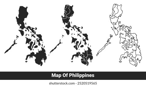 Mapa preto de Filipinas plano e esboço estilo vetor ilustração conjunto