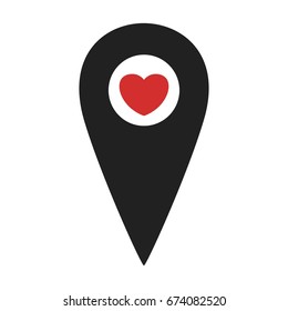 Black map pin with heart vector flat icon on a white background. Distance marker. Pointer location modern minimal sign.