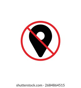 Un icono de pin de mapa negro está tachado por un círculo rojo y una línea diagonal que indica que no hay ubicación o servicios de ubicación deshabilitados.