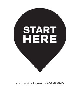 Black map pin icon displaying the words start here in white