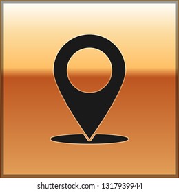 Black Map pin icon isolated on gold background. Pointer symbol. Location sign. Navigation map, gps, direction, place, compass, contact, search concept. Vector Illustration