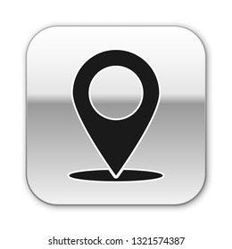 Black Map pin icon isolated on white background. Pointer symbol. Location sign. Navigation map, gps, direction, place, compass, contact, search concept. Silver square button. Vector Illustration