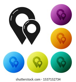 Black Map pin icon isolated on white background. Navigation, pointer, location, map, gps, direction, place, compass, contact, search concept. Set icons colorful circle buttons. Vector Illustration