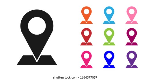 Icono de pin del mapa negro aislado en fondo blanco. Navegación, puntero, ubicación, mapa, gps, dirección, lugar, brújula, concepto de búsqueda. Establecer iconos coloridos. Ilustración vectorial