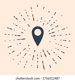 Black Map pin icon on beige background. Pointer symbol. Location sign. Navigation map, gps, direction, place, compass, contact, search concept. Abstract circle random dots. Vector Illustration