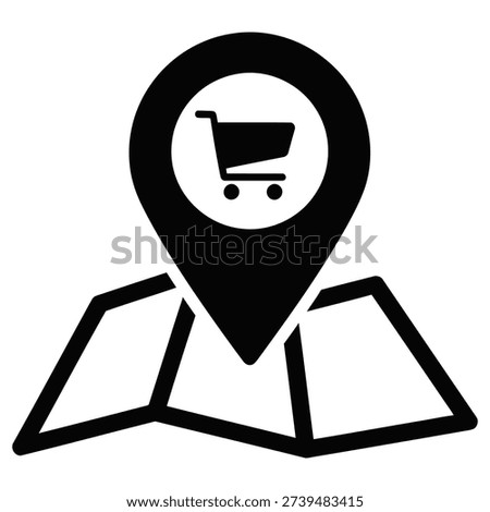 Black map pin icon with shopping cart on white background icon