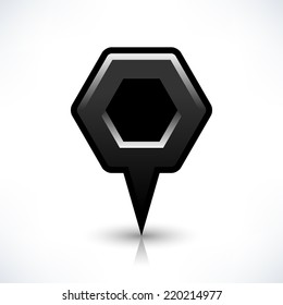 Black map pin location sign rounded polygon shape icon with shadow and reflection isolated on white background in simple flat style. Web design element save in vector illustration 8 eps