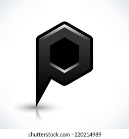 Black map pin location sign rounded hexagon shape icon with shadow and reflection isolated on white background in simple flat style. Web design element save in vector illustration 8 eps