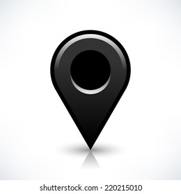 Black map pin location sign round shape icon with shadow and reflection isolated on white background in simple flat style. Web design element save in vector illustration 8 eps