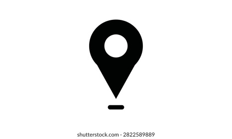 Black map pin location with a small horizontal dash underneath, isolated on a white background, navigation and travel symbol